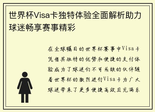 世界杯Visa卡独特体验全面解析助力球迷畅享赛事精彩